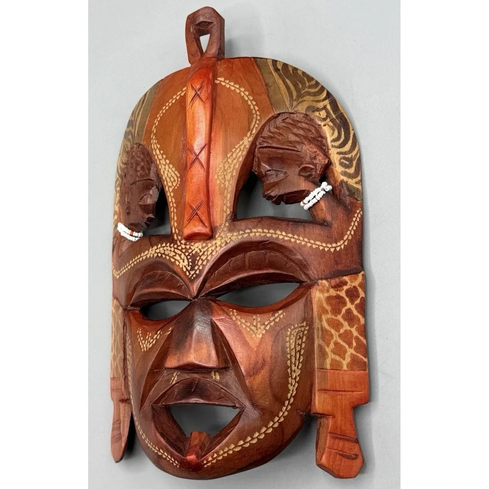 Vintage Hand Carved Wooden African Maasai Beaded Mask Kenya Wall Decor